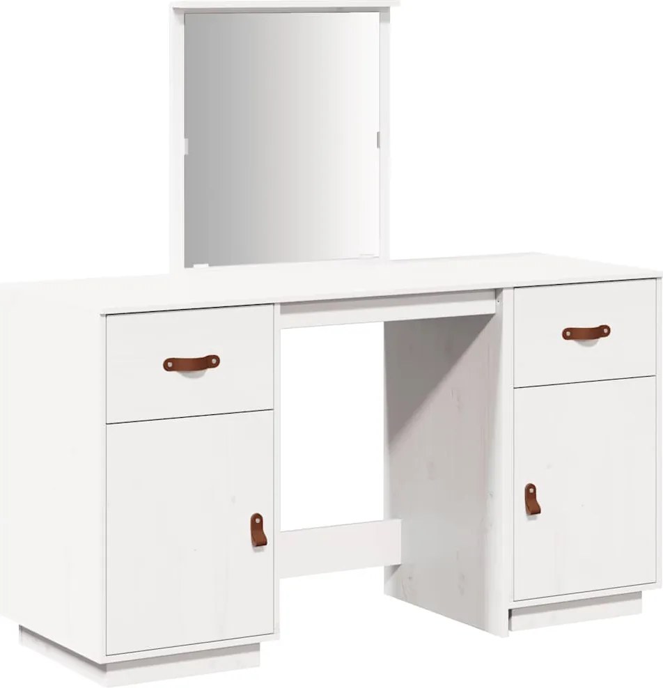 vidaXL Set de masă de toaletă cu oglindă, alb, lemn masiv de pin