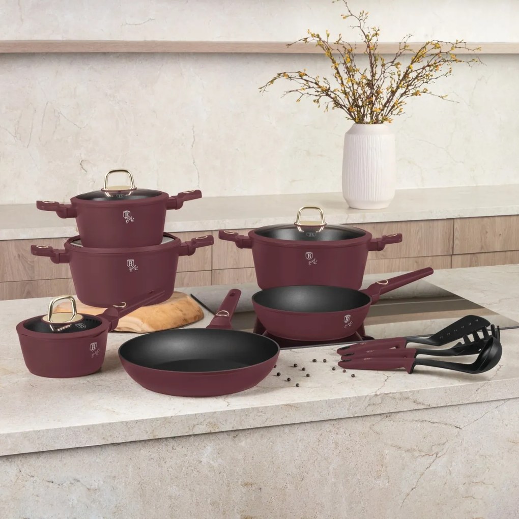 Set de oale si tigai cu capace, 15 piese Leonardo Collection Berlinger Haus BH 8051, antiaderente, strat titan, visiniu mat, inductie, design