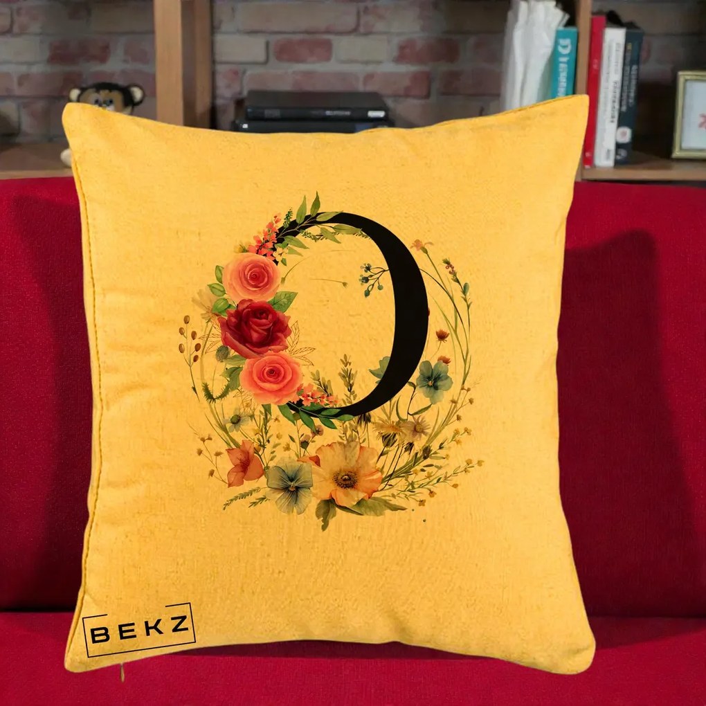Cadou Personalizat - Perna Personalizata Monogram Litera O cu Flori Acuarela, 40x40 cm, Galben, Husa Detasabila, Perna Inclusa, BEKZ®