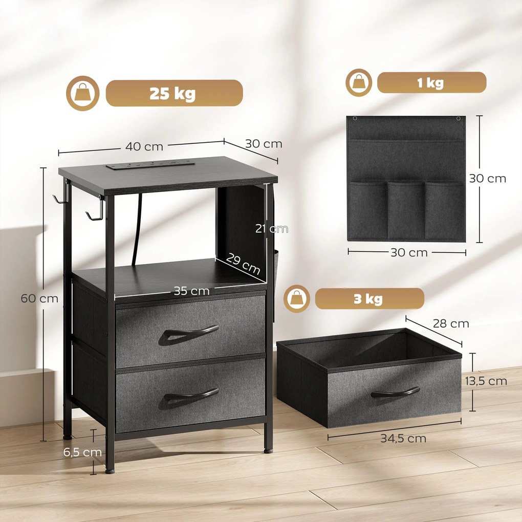 HOMCOM Masă pentru canapea masă laterală cu stație de încărcare, cadru din oțel, porturi USB-C, sertare, cârlige, 40cm x 30cm x 60cm Negru | Aosom Romania