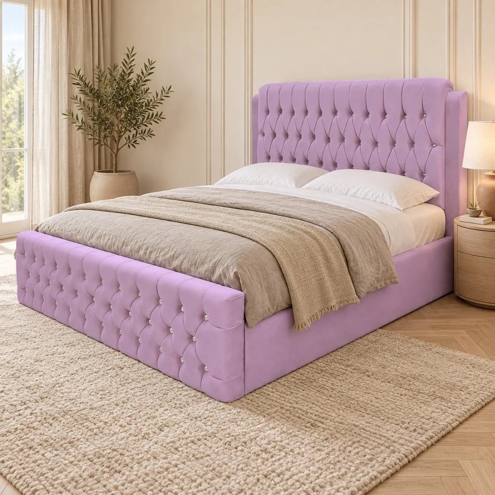 Pat tapițat Chesterfield din catifea Aveline Deluxe 180×200 cm, lila, cu ladă de depozitare