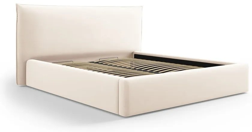 Pat matrimonial crem tapițat cu spațiu de depozitare cu somieră 140x200 cm Elio – Milo Casa