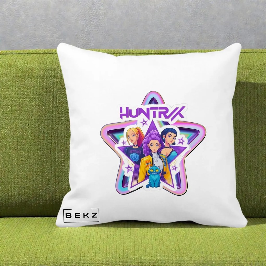 Perna Personalizata K-pop HUNTRX Trio Stea cu Pisica, 40x40 cm, Alba Mata, Husa Detasabila, Perna Inclusa, BEKZ®