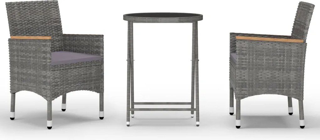 vidaXL Set mobilier de grădină, 3 piese, gri, poliratan și sticlă
