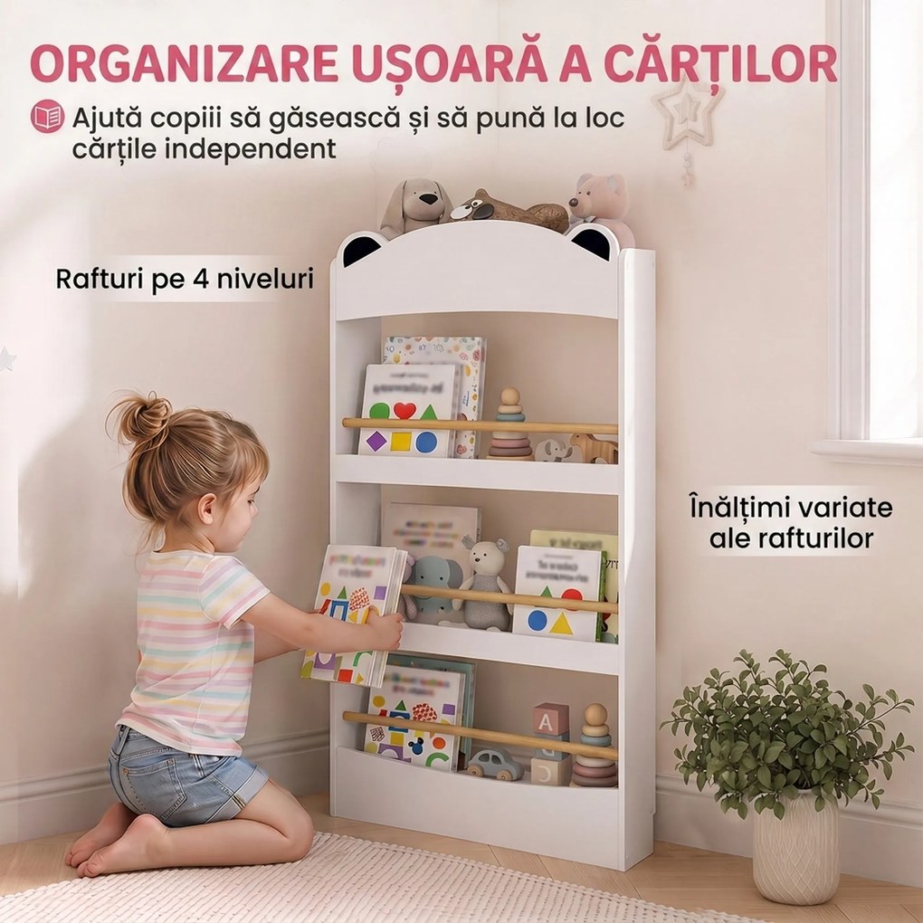 AIYAPLAY Bibliotecă Montessori pentru Copii 3-8 Ani, Ursuleț, cu 4 Polițe din Lemn, 50x15x97 cm, Alb | Aosom Romania