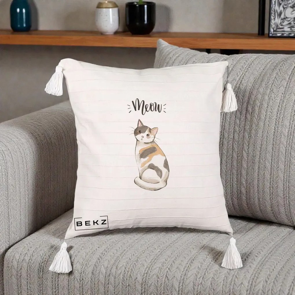 Perna Personalizata Pisica Meow Acuarela, 40x40 cm, Bej cu Franjuri, Husa Detasabila, Perna Inclusa, BEKZ®