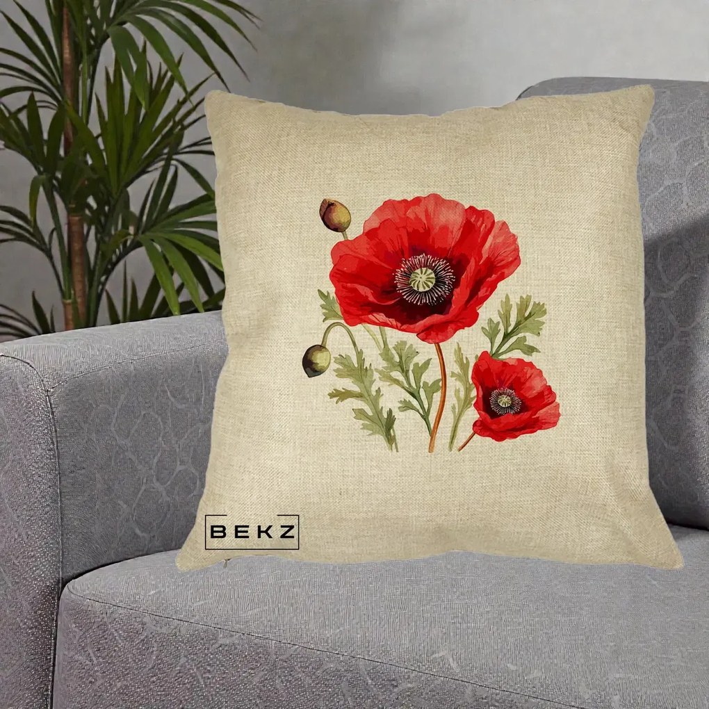 Perna Decorativa Maci Rosii Acuarela, 40x40 cm, Crem, Husa Detasabila, Perna Inclusa, BEKZ®