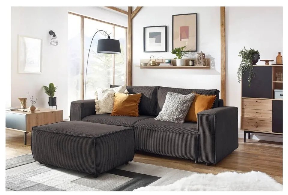 Taburet taupe cu tapițerie din catifea reiată Nihad – Bobochic Paris