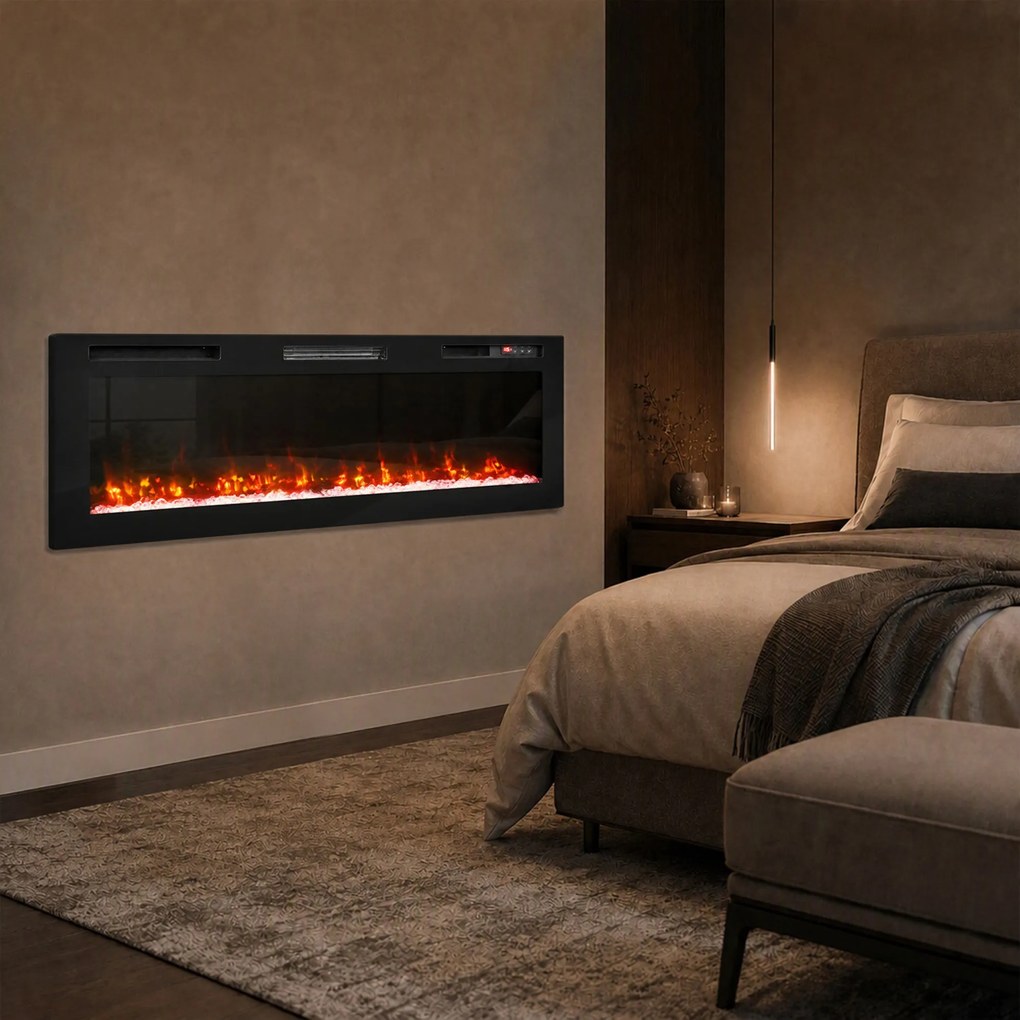 HOMCOM Șemineu electric 153 cm, încastrabil/de perete/de podea, ultrasubțire 8,3 cm, cu telecomandă, 900/1800 W, timer, negru | Aosom Romania