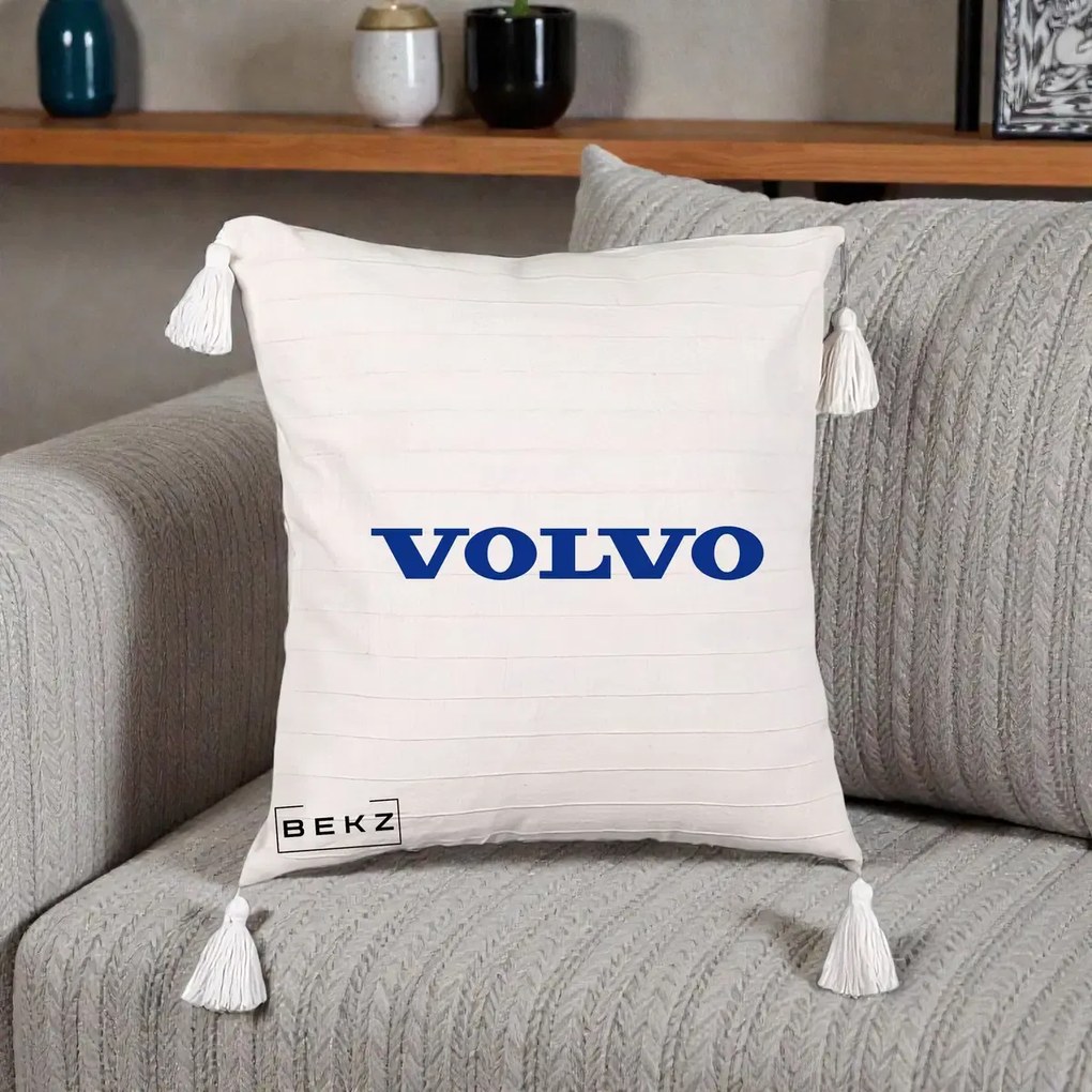 Perna Personalizata cu emblema Volvo, 40x40 cm, Bej cu Franjuri, Husa Detasabila, Perna Inclusa, BEKZ®