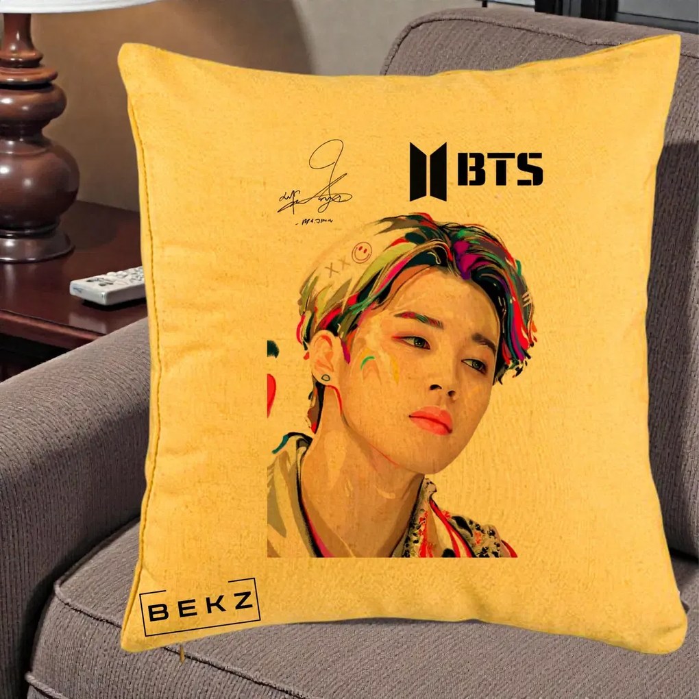 Perna personalizata K-pop BTS Jimin Portret Artistic Multicolor, 40x40 cm cu Umplutura, Galben, BEKZ
