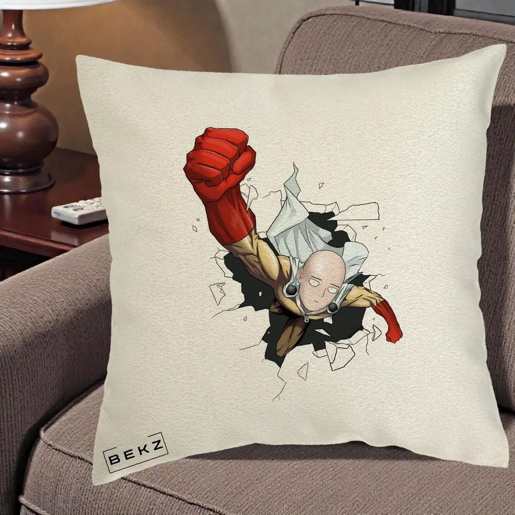 Perna Personalizata One Punch Man Saitama Pumn, 40x40 cm, Ecru, Husa Detasabila, Perna Inclusa, BEKZ®