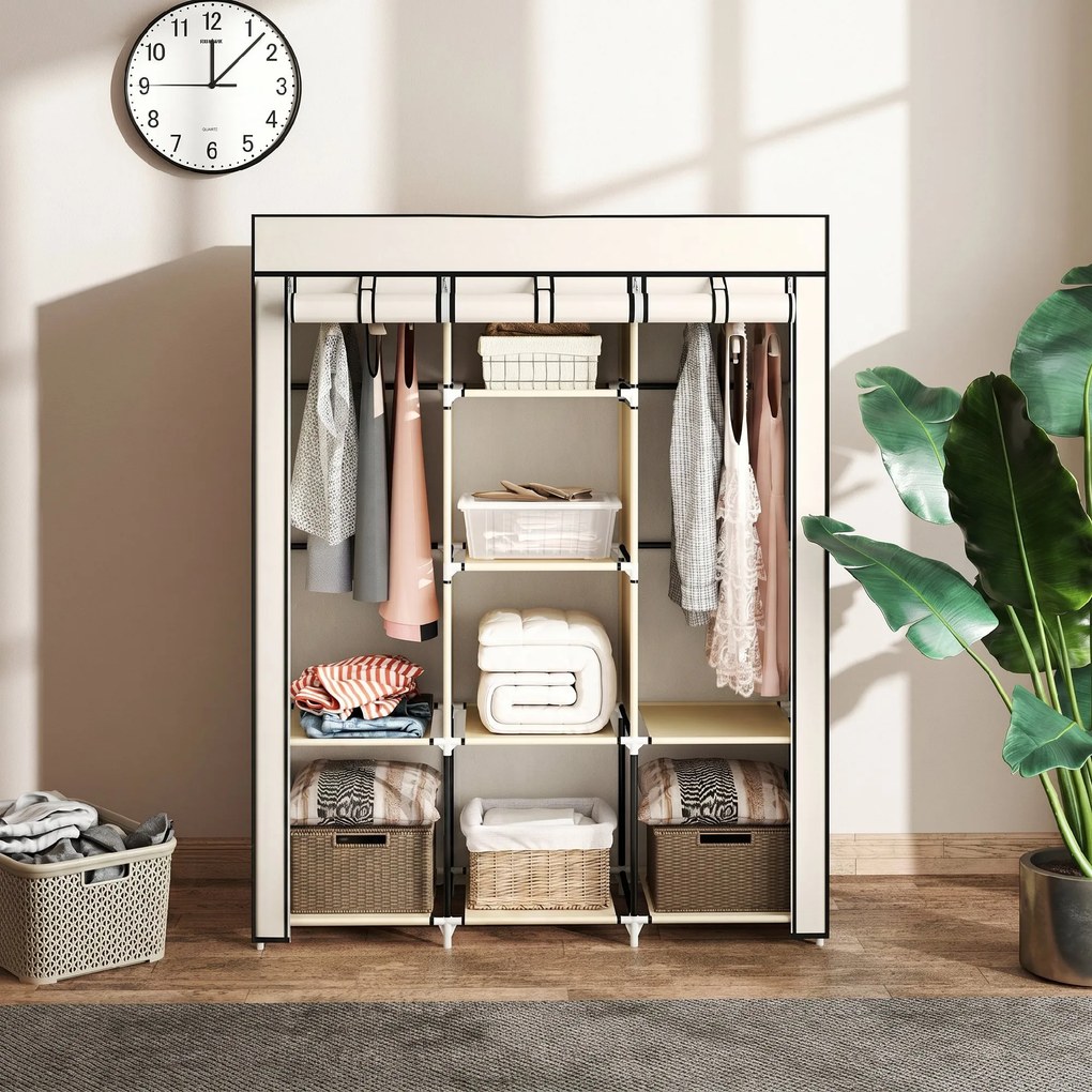 HOMCOM Dulap Textil cu 8 Rafturi și 2 Bare, Economisitor de Spațiu pentru Dormitor, 125x43x162,5 cm, Gri Deschis | Aosom Romania