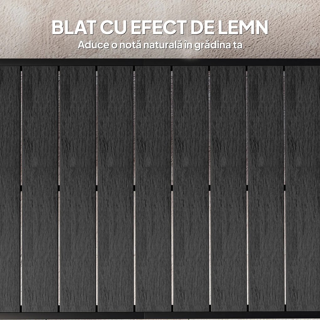 Outsunny Masă de Grădină cu Blat Textură Lemn 190x90 cm pentru 8 Persoane, Masă de Dining de Exterior Dreptunghiulară din Aluminiu și Plastic, pentru Terasă, Balcon, Negru | Aosom Romania
