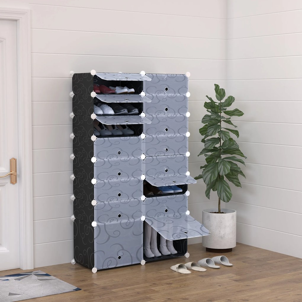 HOMCOM Organizator Pantofi Modular, 16 Cuburi, Ușor de Asamblat, Material PP, Design Modern, Alb și Negru, 95x37x160cm | Aosom Romania