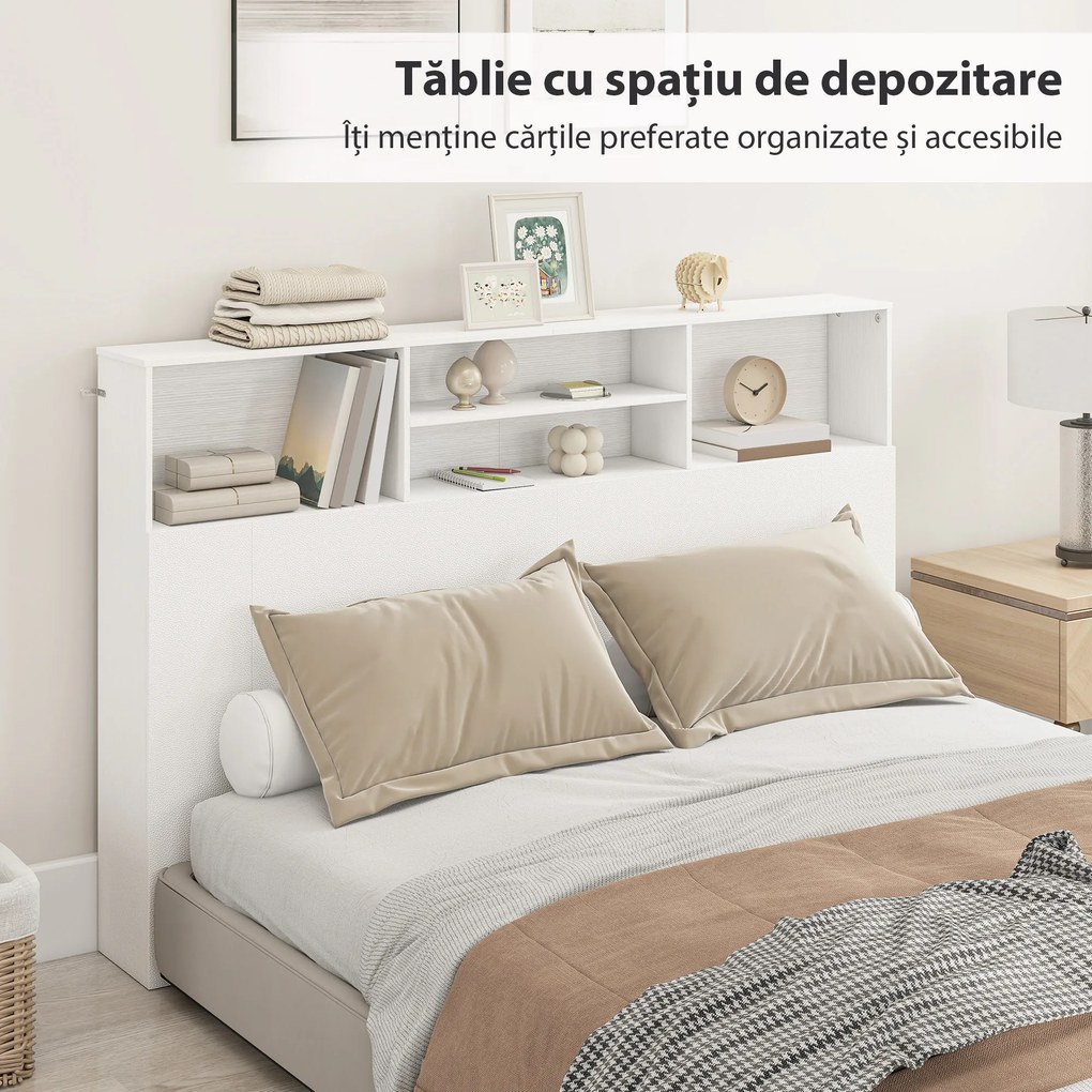 HOMCOM Tăblie de Pat Autoportantă 160 cm cu Compartimente, Tăblie pentru Pat Dublu cu 4 Spații Deschise, 160 x 20,2 x 108,2 cm, Alb | Aosom Romania