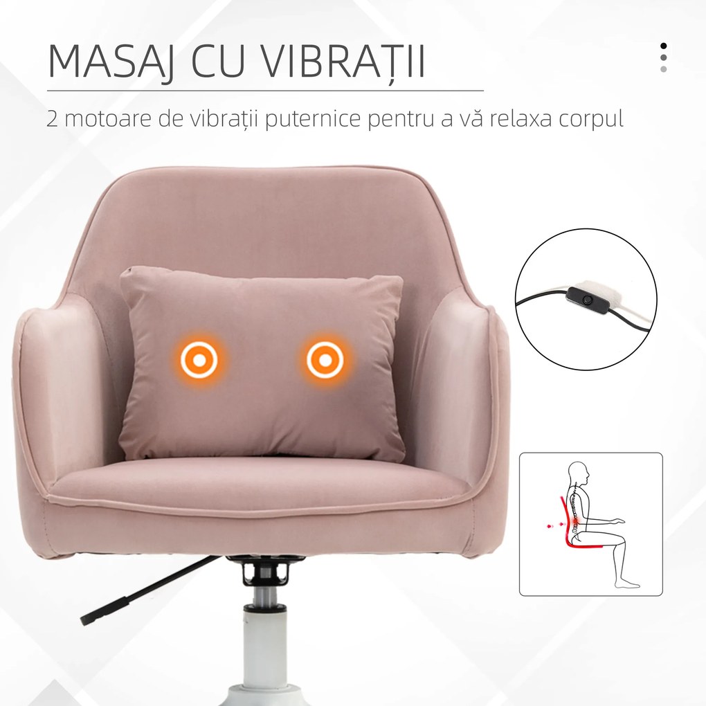 Vinsetto Scaun de Birou cu 2 Puncte de Vibrații, Pernă, Alimentare USB, Brațe și Înălțime Reglabilă, 57x70x78-86 cm, Roz | Aosom Romania