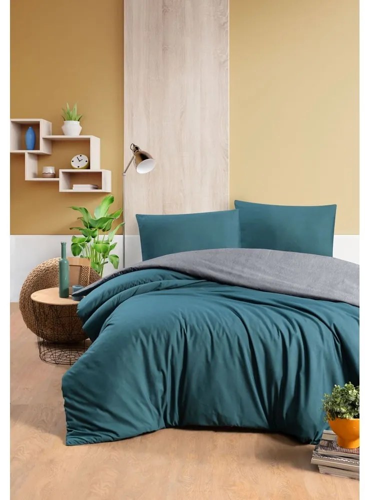 Lenjerie de pat verde petrol-gri din bumbac pentru pat de o persoană-extins și cearceaf 160x220 cm – Mila Home