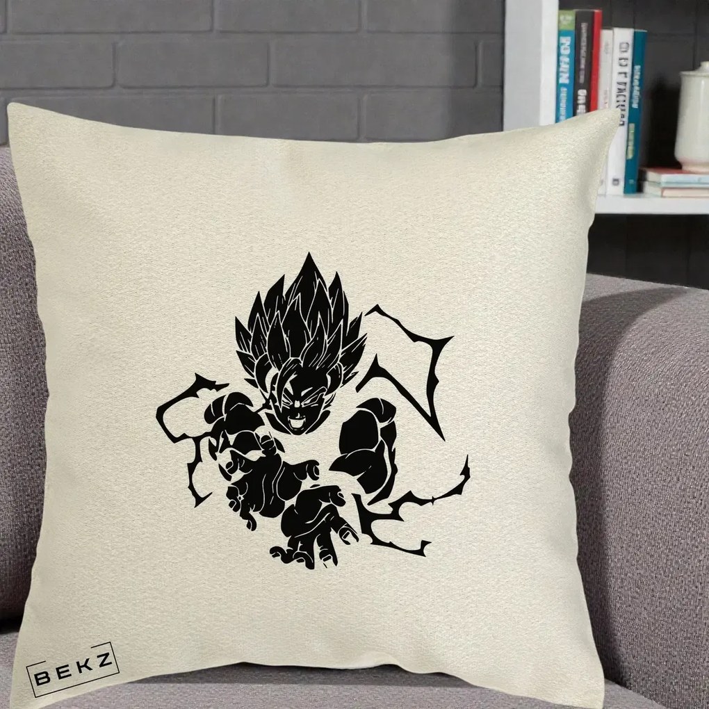 Perna Personalizata Dragon Ball Goku Super Saiyan Silueta, 40x40 cm, Ecru, Husa Detasabila, Perna Inclusa, BEKZ®