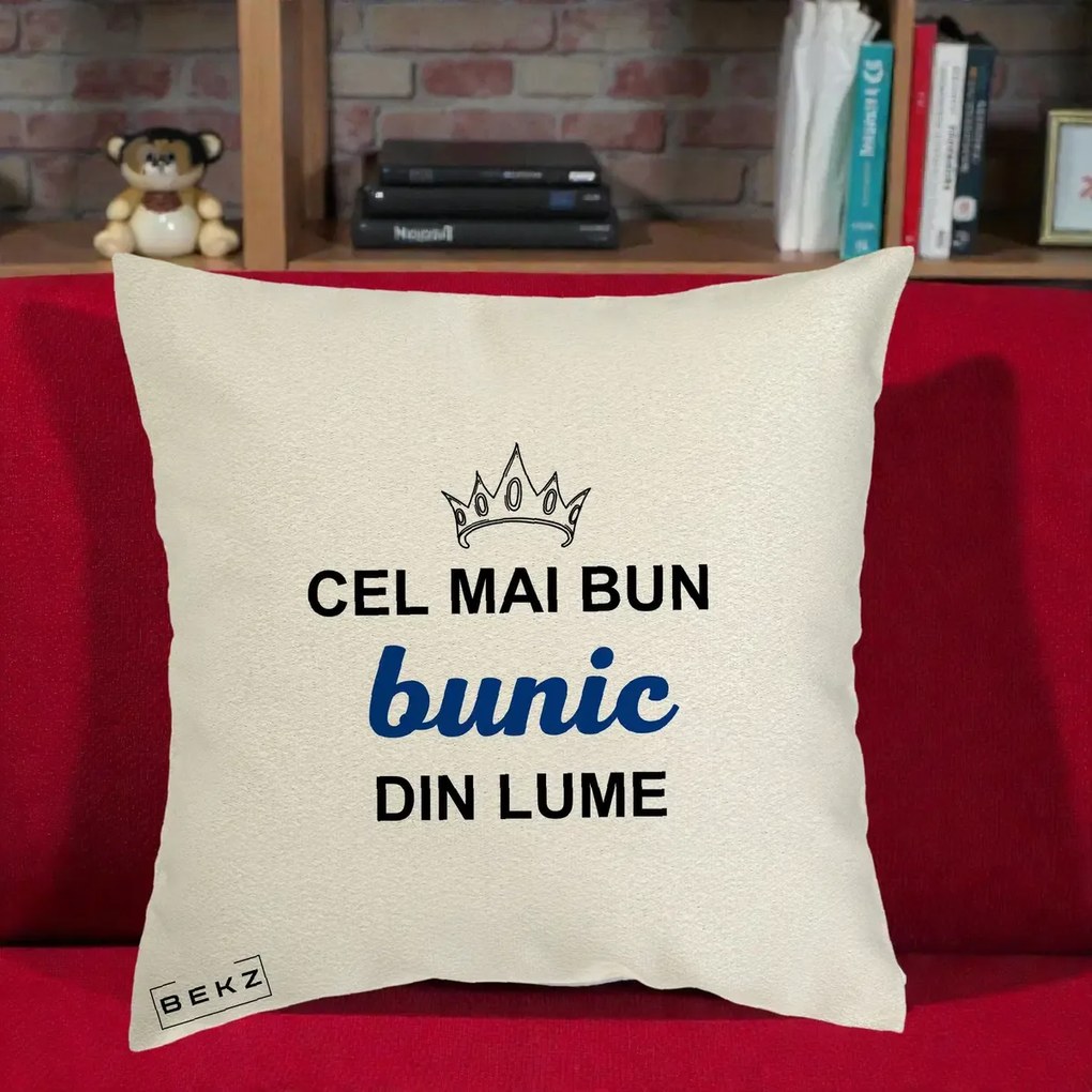 Cadou pentru Bunic - Perna Personalizata Cel Mai Bun Bunic Din Lume Coroana Albastra, 40x40 cm, Ecru, Husa Detasabila, Perna Inclusa, BEKZ®