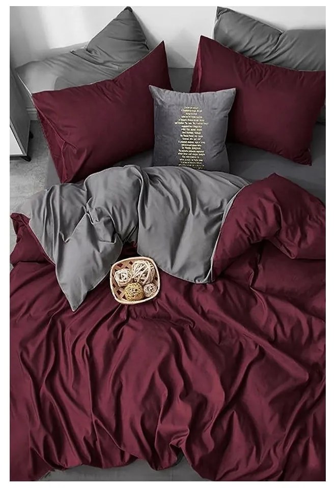 Lenjerie de pat burgundy-gri din bumbac pentru pat dublu-extins și cearceaf 200x220 cm – Mila Home