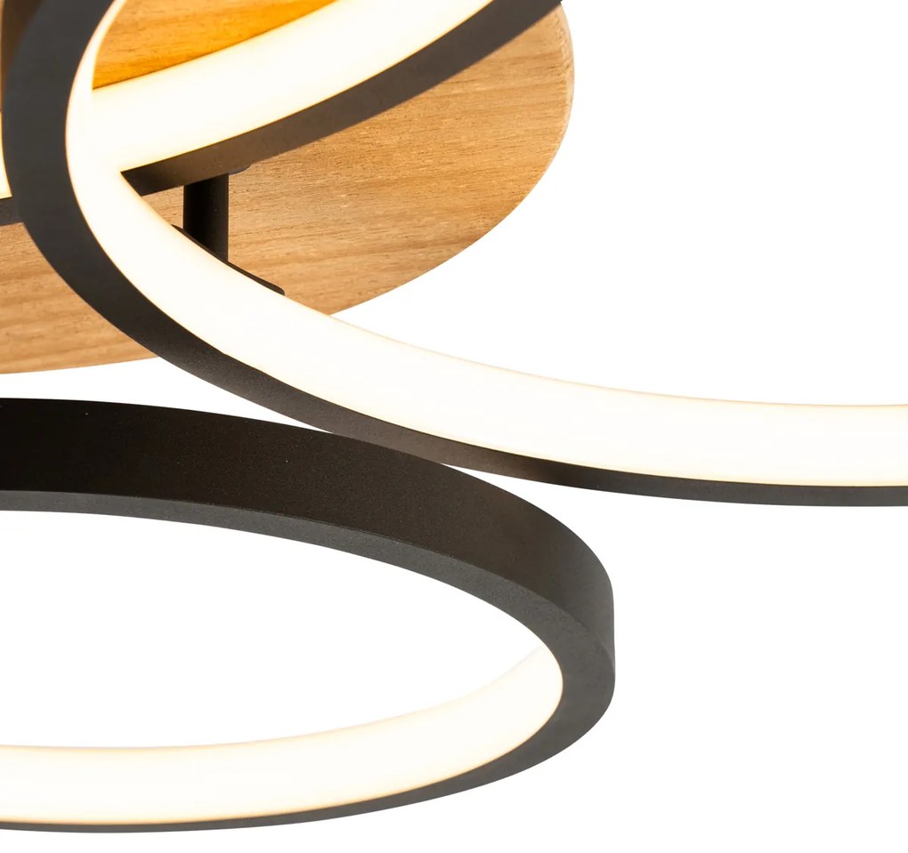 Plafoniera neagră cu lemn incluzând LED cu dimmer în 3 trepte, 3 lumini - Alec