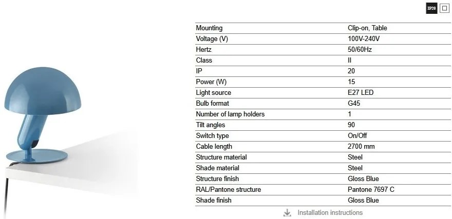 Veioza/Lampa de masa cu clips BELA albastra