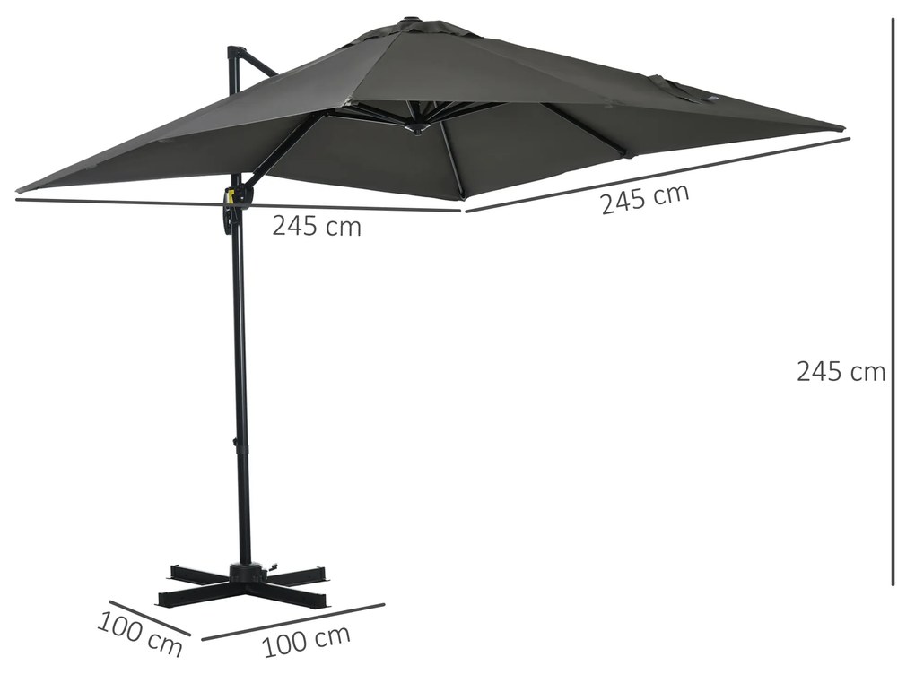 Outsunny Umbrelă de Grădină cu Manivelă de Mână cu Unghi Reglabil pe 5 Niveluri și Rotație la 360°, 245x245x248 cm, Gri | Aosom Romania