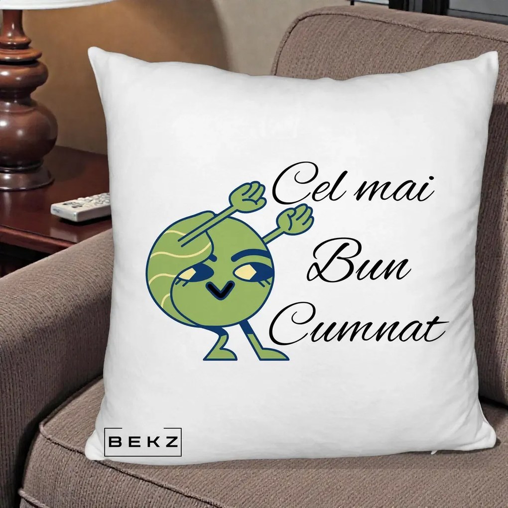 Cadou pentru Cumnat - Perna Personalizata Cel mai Bun Cumnat cu Personaj Funny Verde, 40x40 cm, Alb Pufos, Husa Detasabila, Perna Inclusa, BEKZ®
