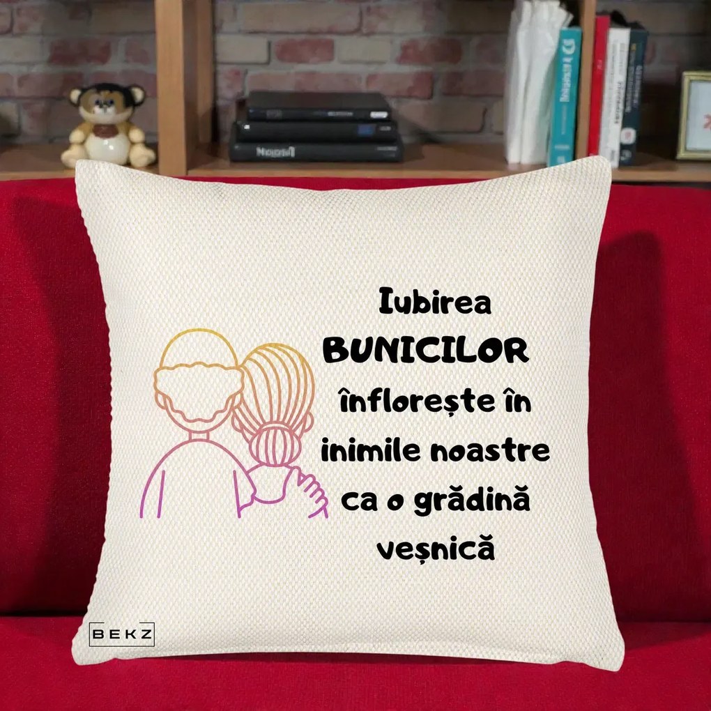 Cadou pentru Bunici - Perna Personalizata Iubirea Bunicilor Infloreste Cuplu Line Art Gradient, 40x40 cm, Crem Reliefat, Husa Detasabila, Perna Inclusa, BEKZ®
