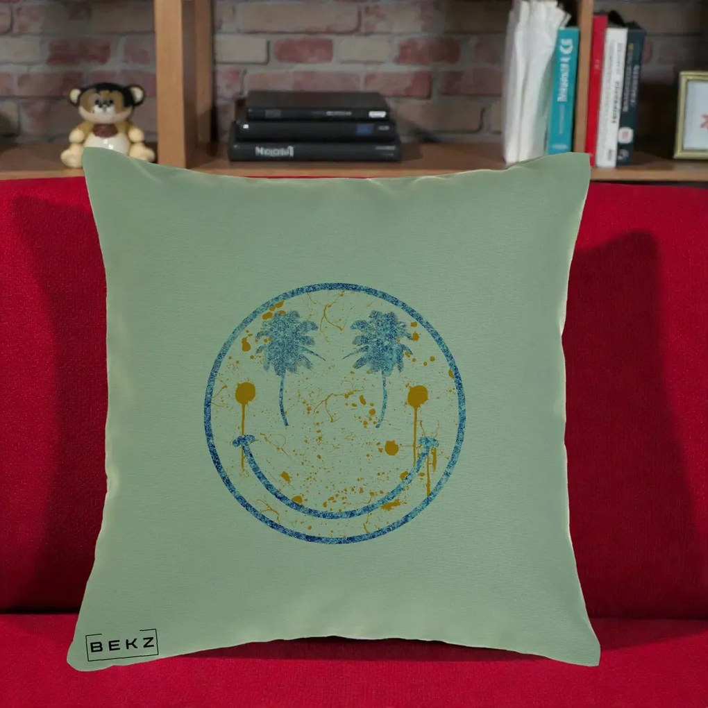 Perna Decorativa Smiley Face Tropical Albastru Glitter si Portocaliu, 40x40 cm, Verde, Husa Detasabila, Perna Inclusa, BEKZ®