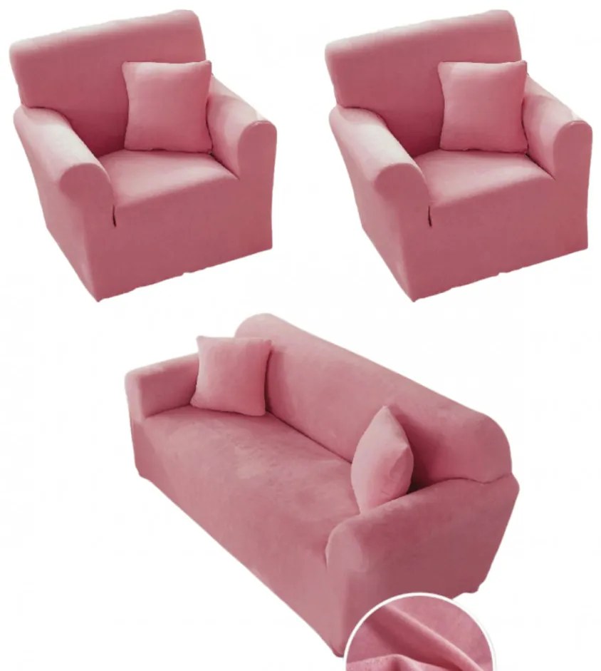 Set huse elastice din catifea pentru canapea 3 locuri + 2 fotolii, cu brate, roz inchis, HCCJS-13