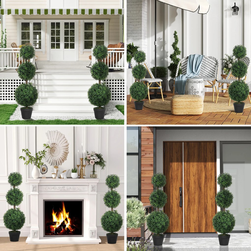 HOMCOM Lot de 2 arbori artificiali 101,6 cm 3 bușoni de buxus topiaires plantă falsă verde PE cu ghiveci interior și exterior | Aosom Romania