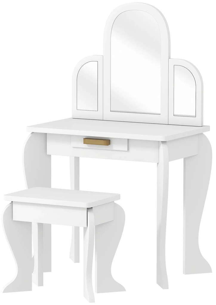 HOMCOM Măsuță pentru copii cu oglindă și taburet Măsuță de toaletă pentru fete 3-6 ani cu sertar alb | Aosom Romania