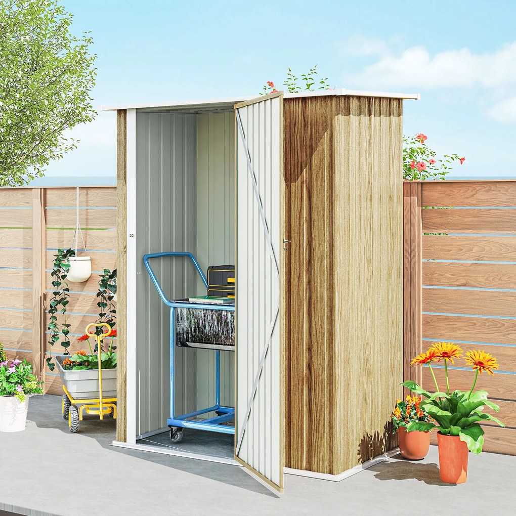 Outsunny Căsuță pentru Grădină 1.07m² din Oțel Galvanizat, Căsuță pentru Unelte cu Ușă Blocabilă, Acoperiș Înclinat, 142x86x189 cm, Imitatie Lemn | Aosom Romania