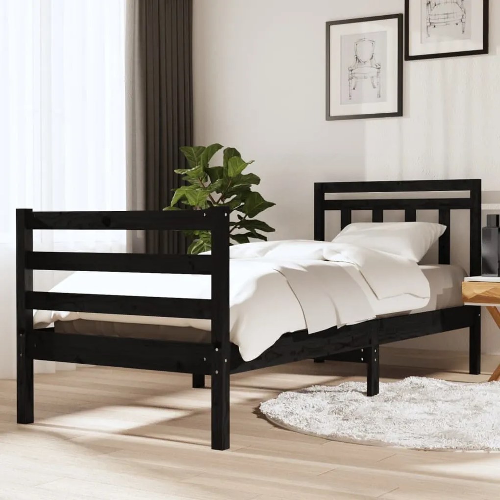 3100618 vidaXL Cadru de pat Small Single 2FT6, negru, 75x190 cm lemn masiv