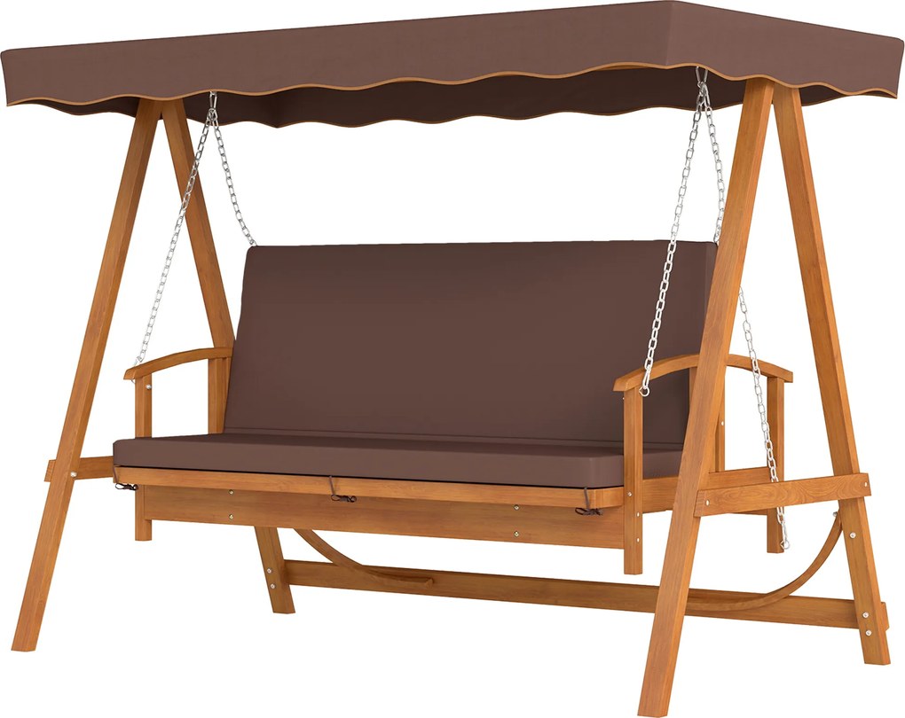 Outsunny Balansoar Hollywood cu copertină, balansoar de grădină din lemn masiv, bancă-leagăn cu funcție de șezlong, pentru 3 persoane, Maro | Aosom Romania