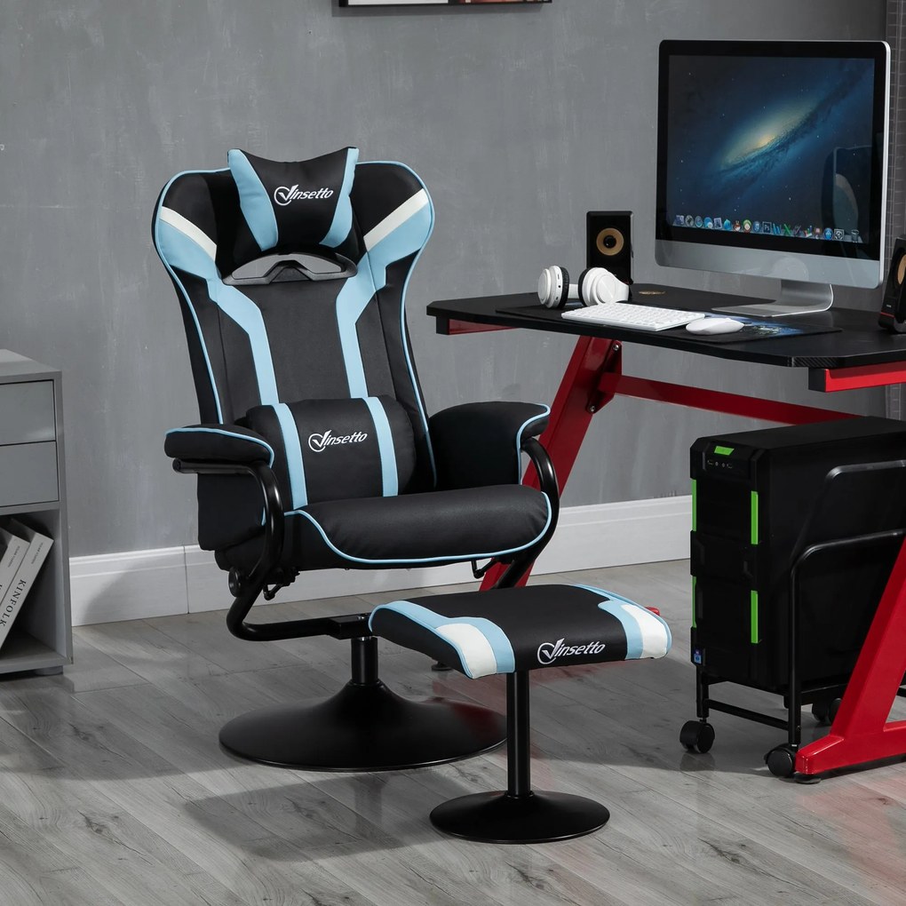 Vinsetto Set 2 Piese Fotoliu Rabatabil cu Suport pentru picioare Stil Gaming, Inclinatie 130° si Suport Lombar, Negru si Albastru