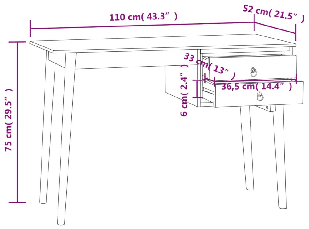 Birou cu 2 sertare, 110x52x75 cm, lemn masiv de tec