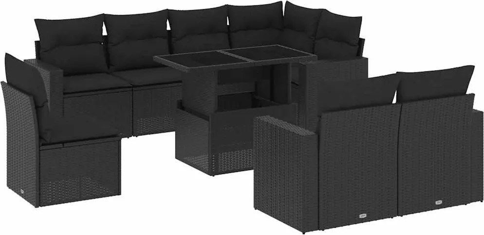 vidaXL Set mobilier de grădină cu perne, 9 piese, negru, poliratan