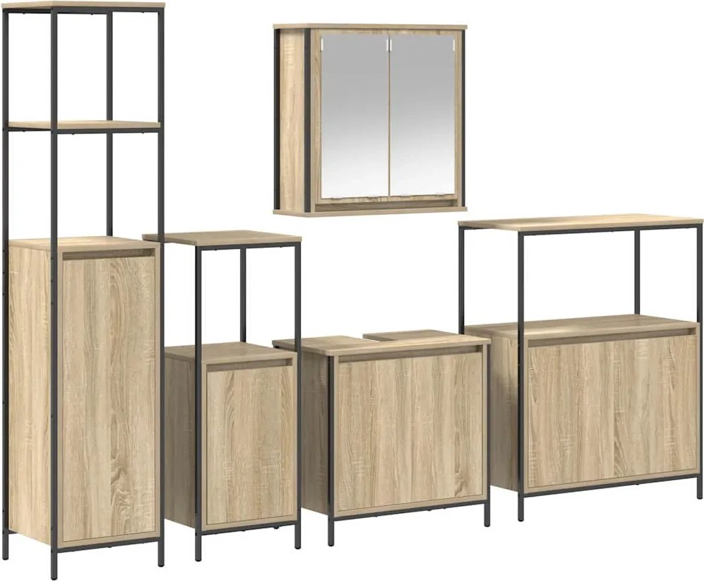 vidaXL Set de mobilier pentru baie cu ușă 5 pcs Stejar Sonoma și negru