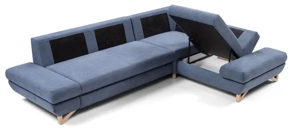 Colțar tapițat extensibil AVESTA, formă în L, cu spațiu de depozitare, versiune pe partea dreaptă, albastru