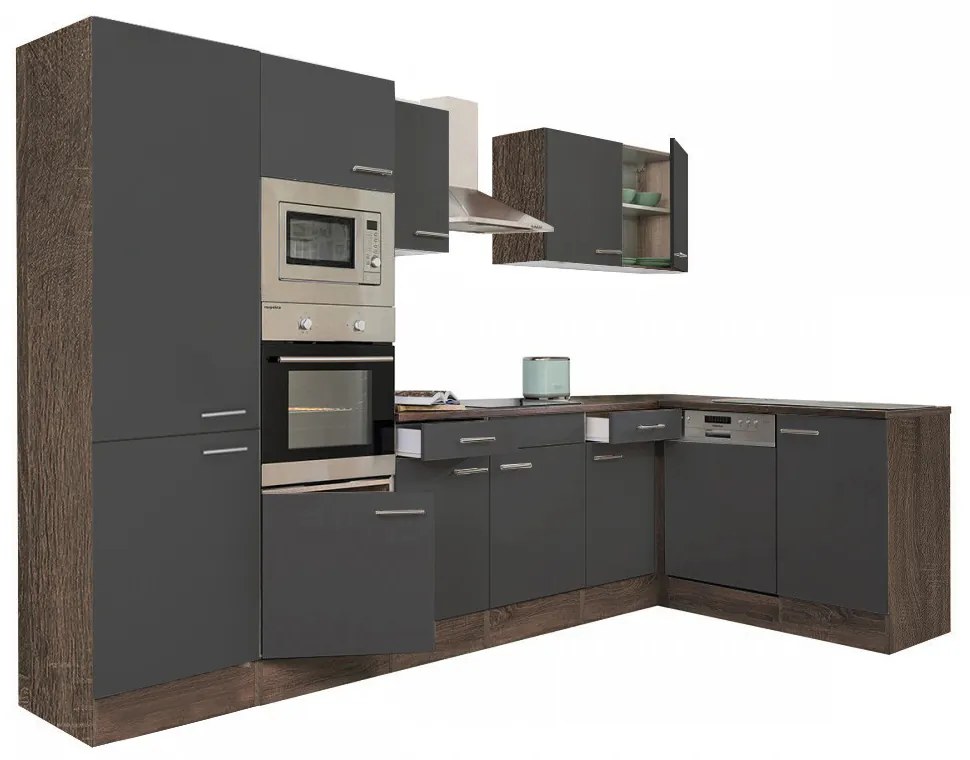 Mobilă de bucătărie de colț Yorki 340, corp stejar Yorki, față antracit satinat, cu dulap cu raft