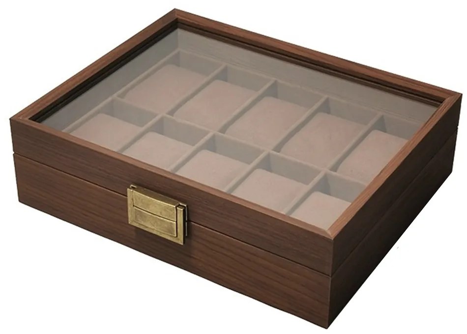 Cutie din Lemn pentru 10 Ceasuri LUXURY, Maro, Cu Capac Transparent