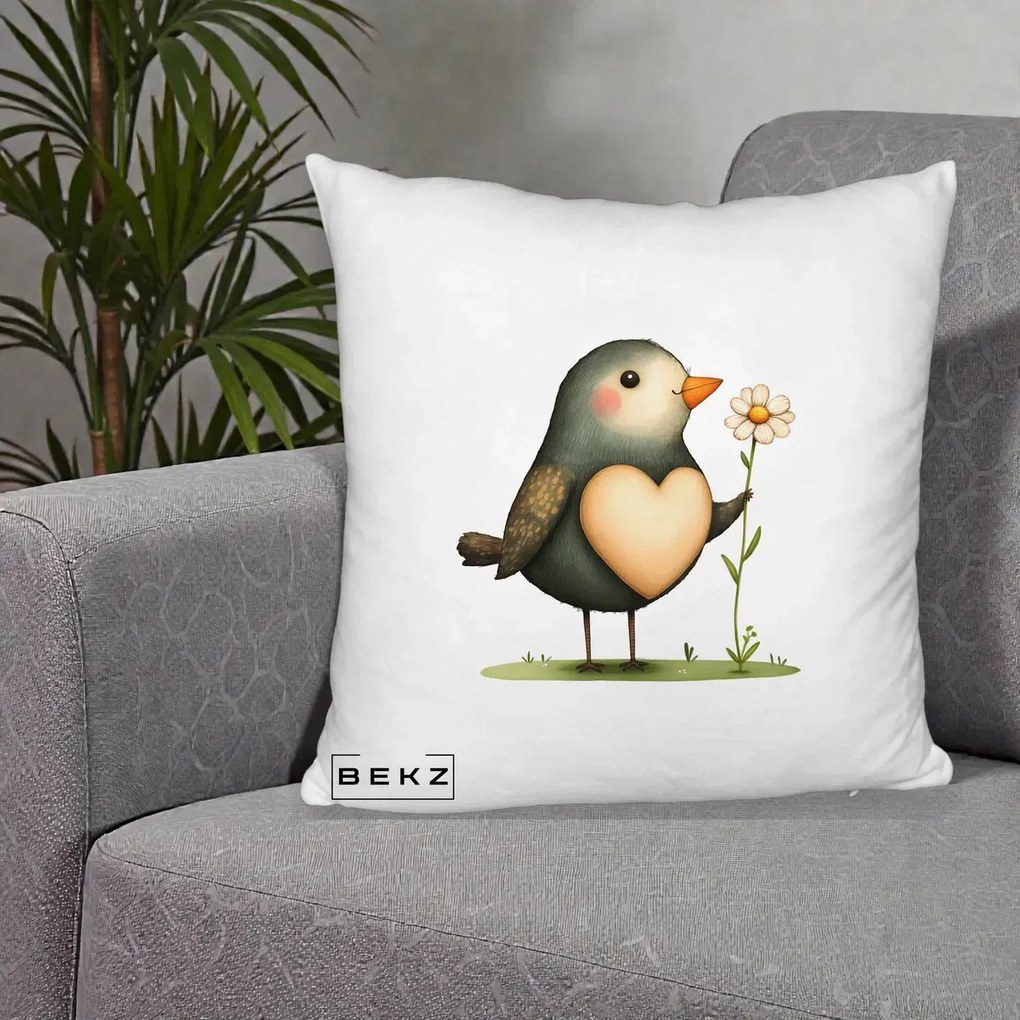 Perna Decorativa Pasare cu Inima si Margareta, 40x40 cm, Alb Pufos, Husa Detasabila, Perna Inclusa, BEKZ®