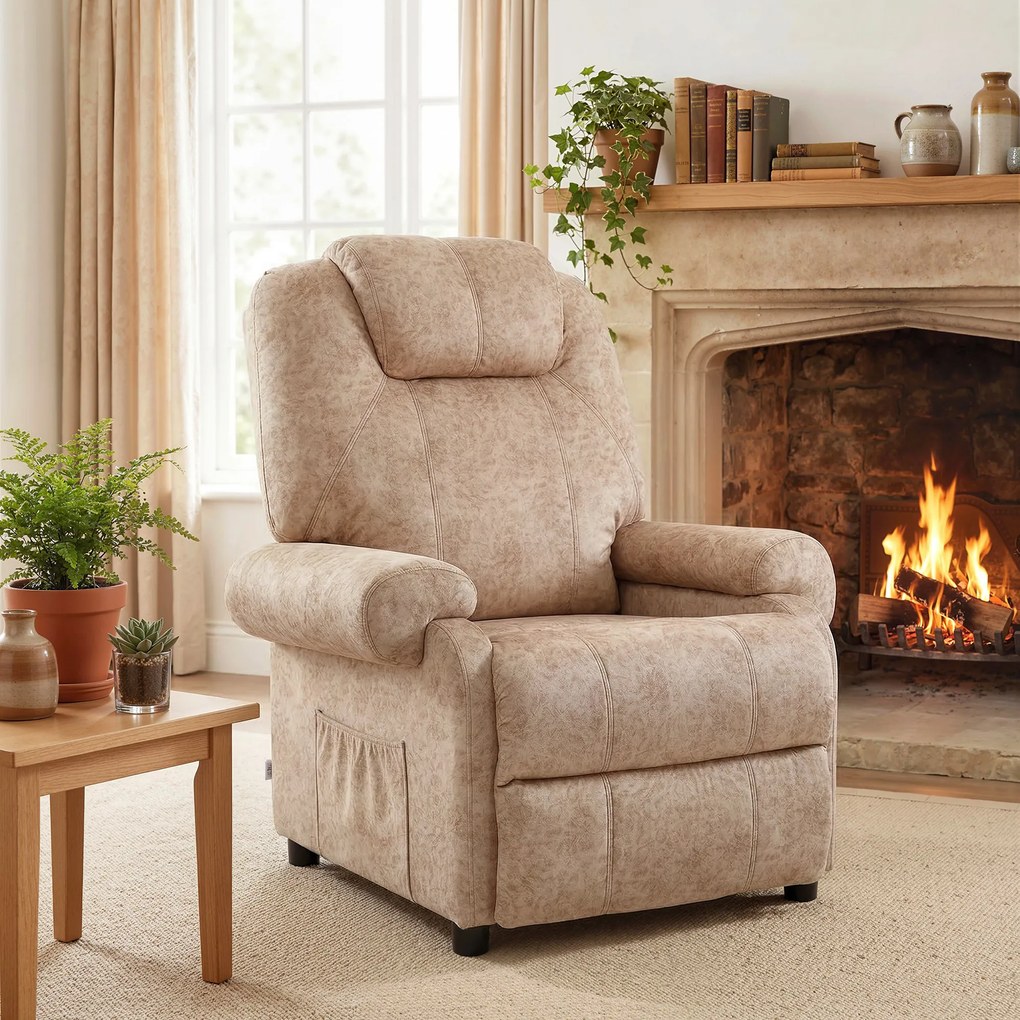 HOMCOM Fotoliu cu Înclinare Manuală Tapițat cu Suport Retractabil pentru Picioare și Buzunare Laterale, 88x91x108 cm, Bej | Aosom Romania
