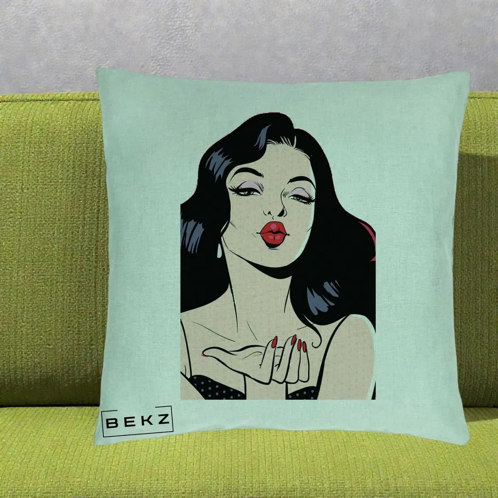 Perna Decorativa Femeie Pop-Art Kiss, 40x40 cm, Verde Menta, Husa Detasabila, Perna Inclusa, BEKZ®