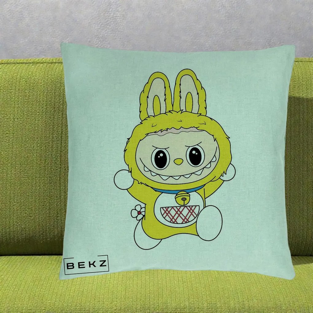 Perna Personalizata Labubu Galben Doraemon, 40x40 cm, Verde Menta, Husa Detasabila, Perna Inclusa, BEKZ®