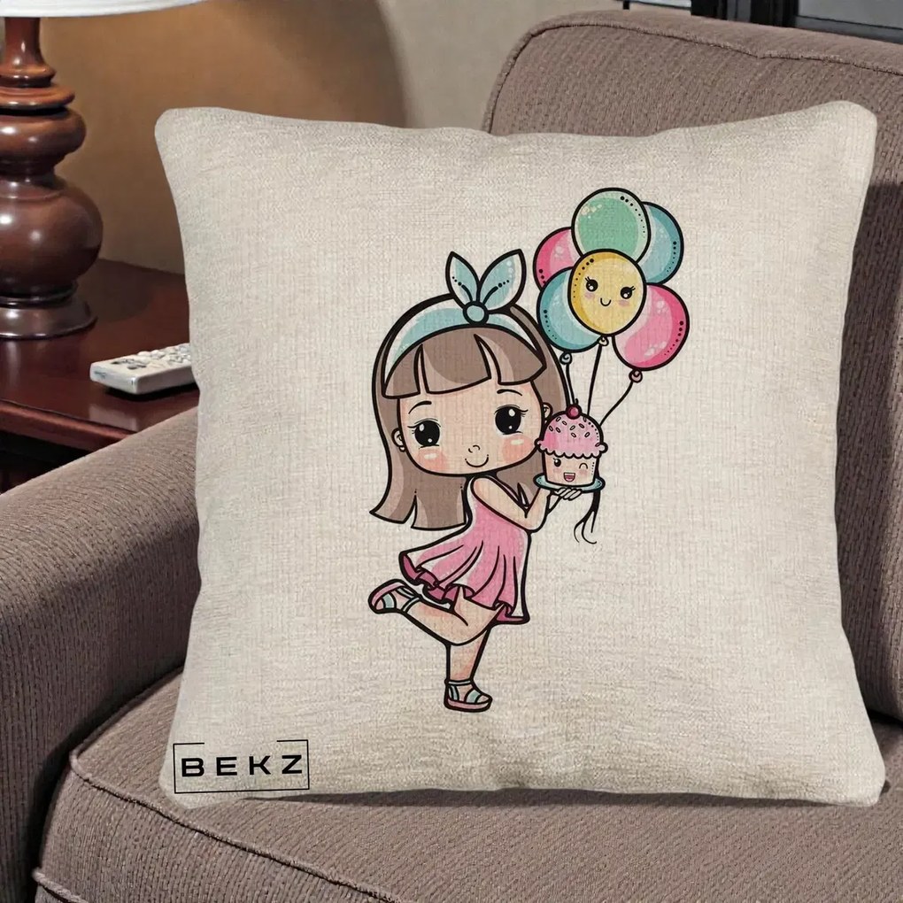 Perna Decorativa Fetita Kawaii cu Baloane si Cupcake, 40x40 cm, Bej Canapea, Husa Detasabila, Perna Inclusa, BEKZ®