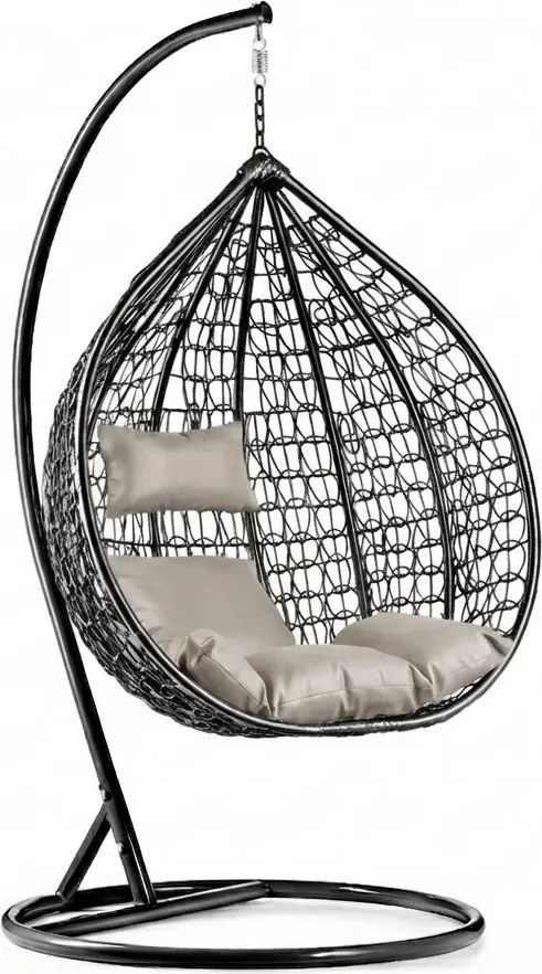 Scaun suspendat negru KOKON cu suport, perna deschisa